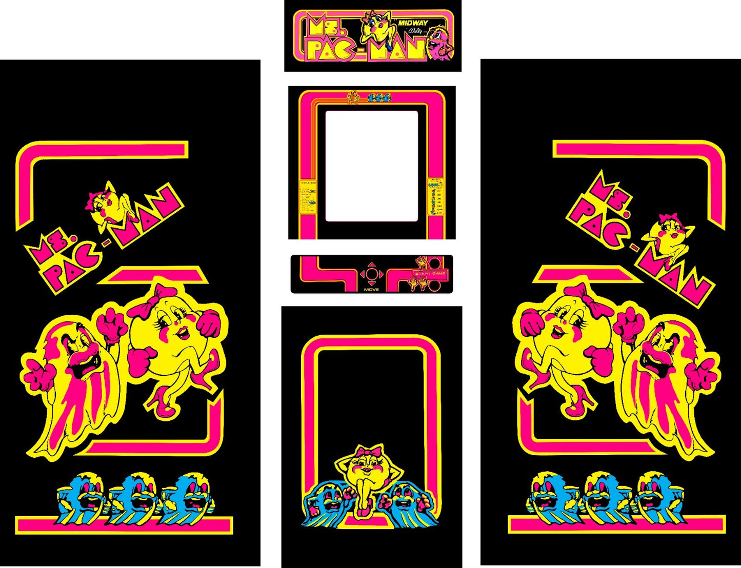Ms PAC MAN Ardace Side Art and kick plate Black 3 Piece Graphics Kit Laminated
