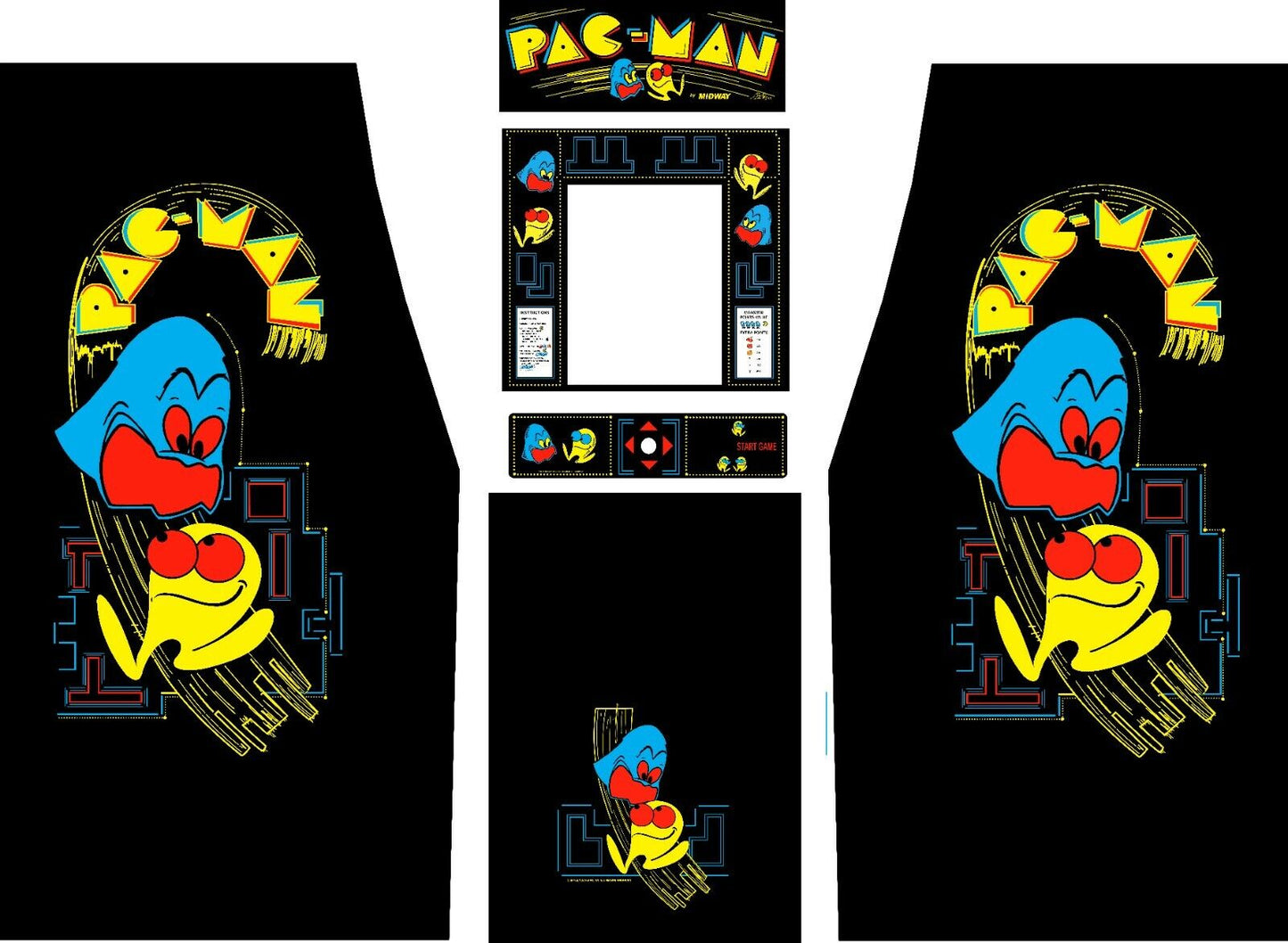 Pac-Man Black Arcade Side Art Kickplate Marquee CPO Bezel 6pc Set High Quality