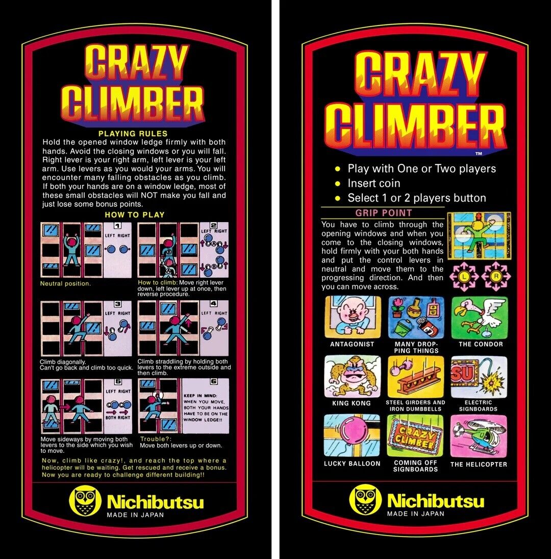 Crazy Climber Instructions Decal Set For Control Panel Overlay Arcade Graphics