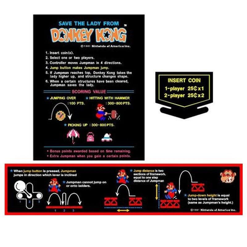 Donkey Kong Arcade Decal Kit Instruction Card Coin And Bezel Stickers