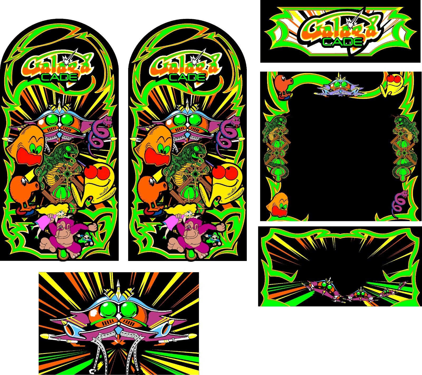 Multicade Galaga Arcade Side Art 6pc Haunted Set Quality Mame Bezel CPO Marquee