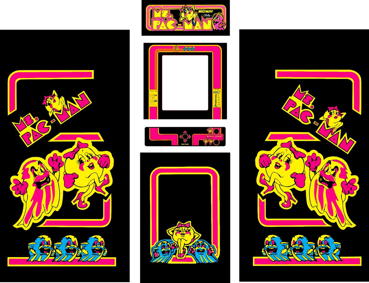 Ms PAC MAN Ardace Side Art and kick plate Black 3 Piece Graphics Kit Laminated