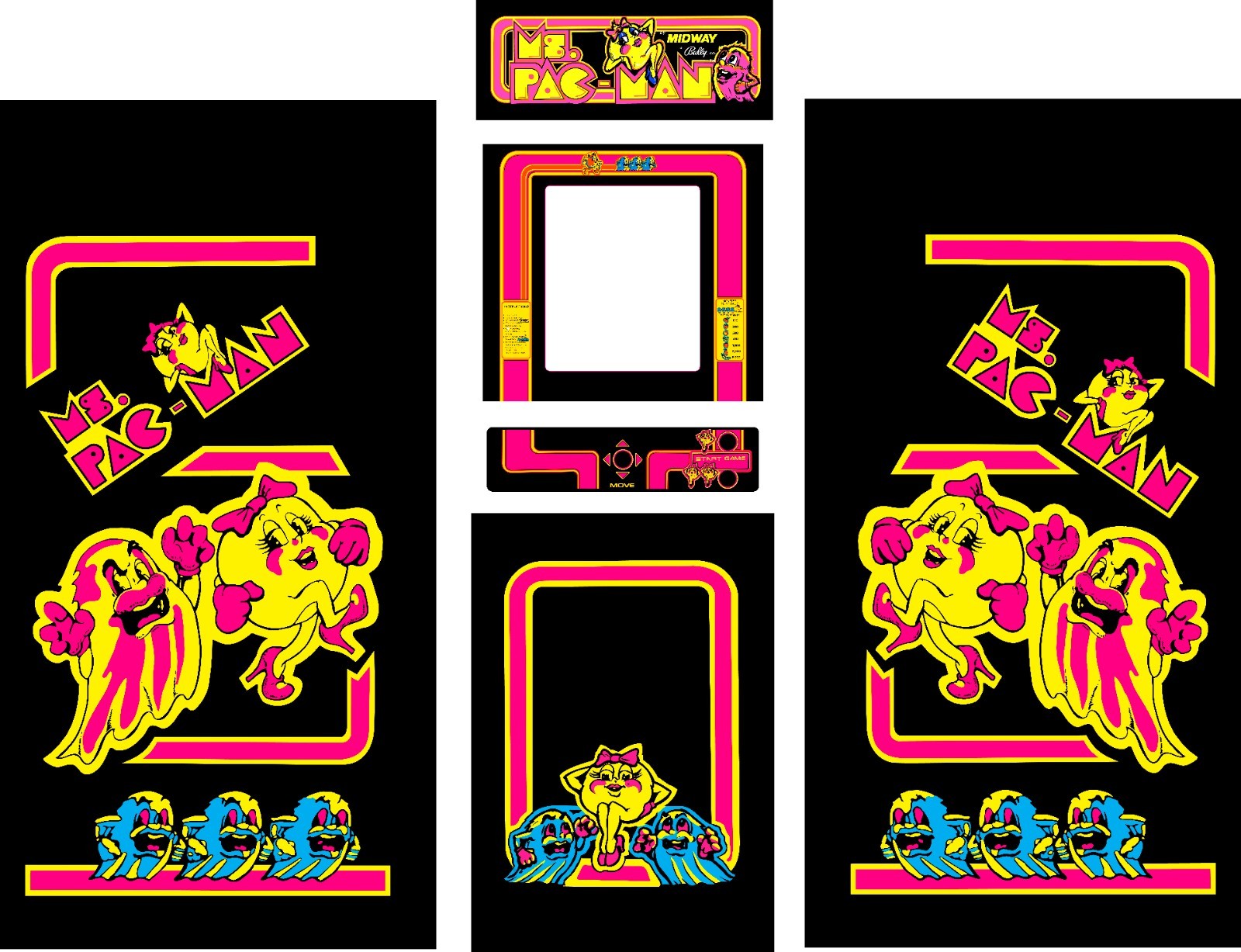 Ms PAC MAN Ardace Side Art and kick plate Black 3 Piece Graphics Kit Laminated