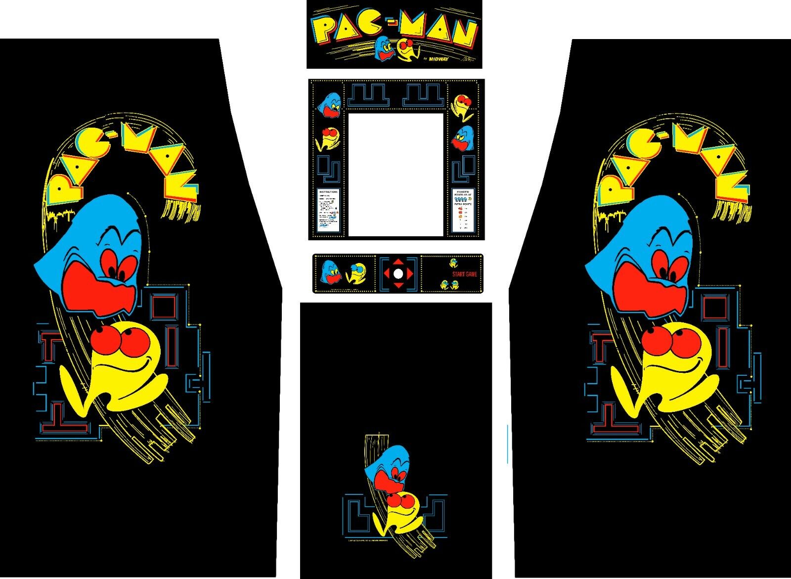 Pac-Man Black Arcade Side Art Kickplate Marquee CPO Bezel 6pc Set High Quality