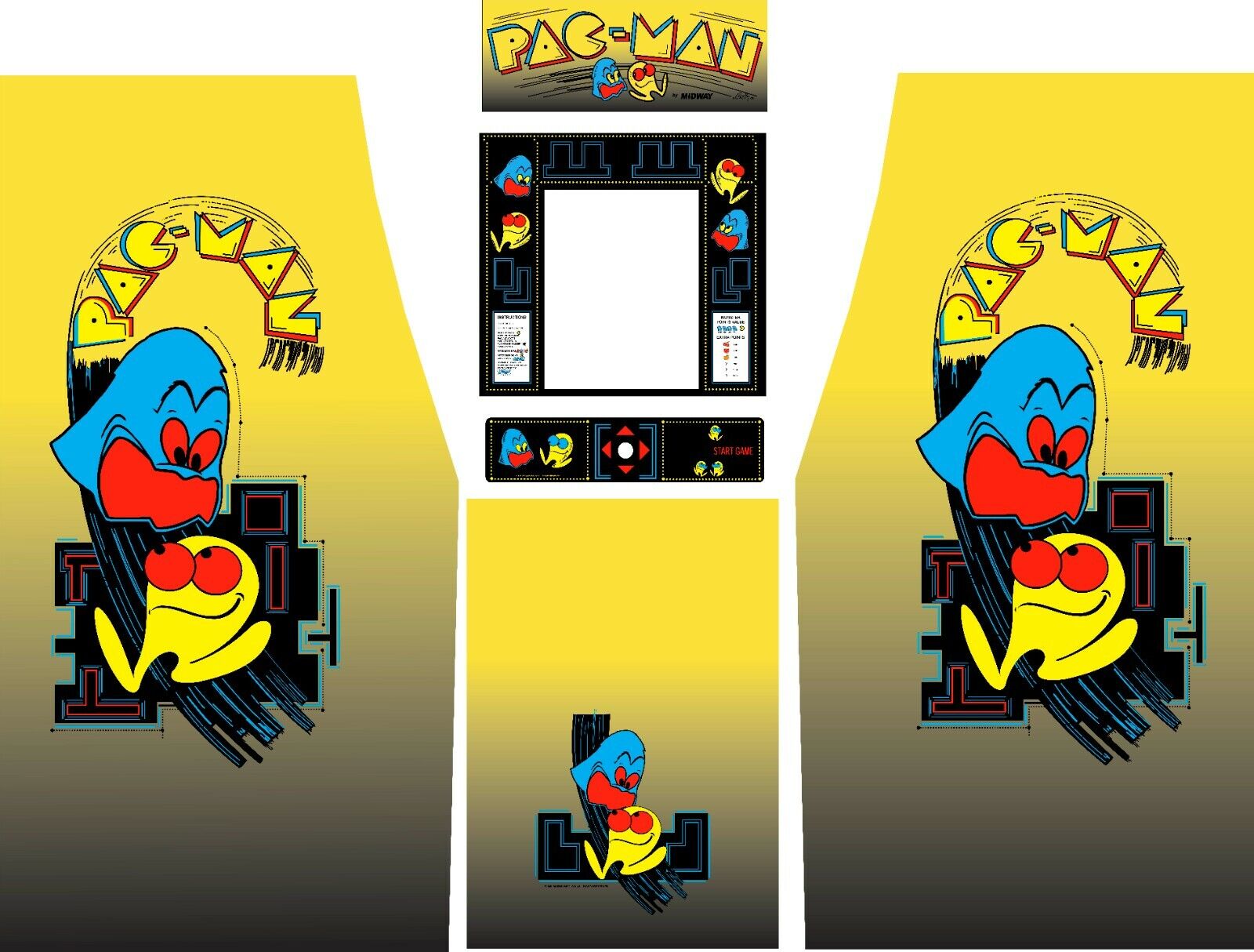 Pac-Man Black Arcade Side Art Kickplate Marquee CPO Bezel 6pc Set High Quality