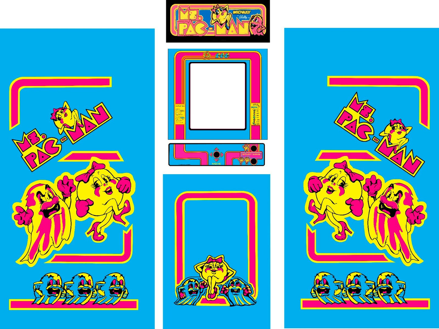 Fits Ms Pac Man Arcade 6 Pc Set Side Art Kickplate 2 Yr Warranty