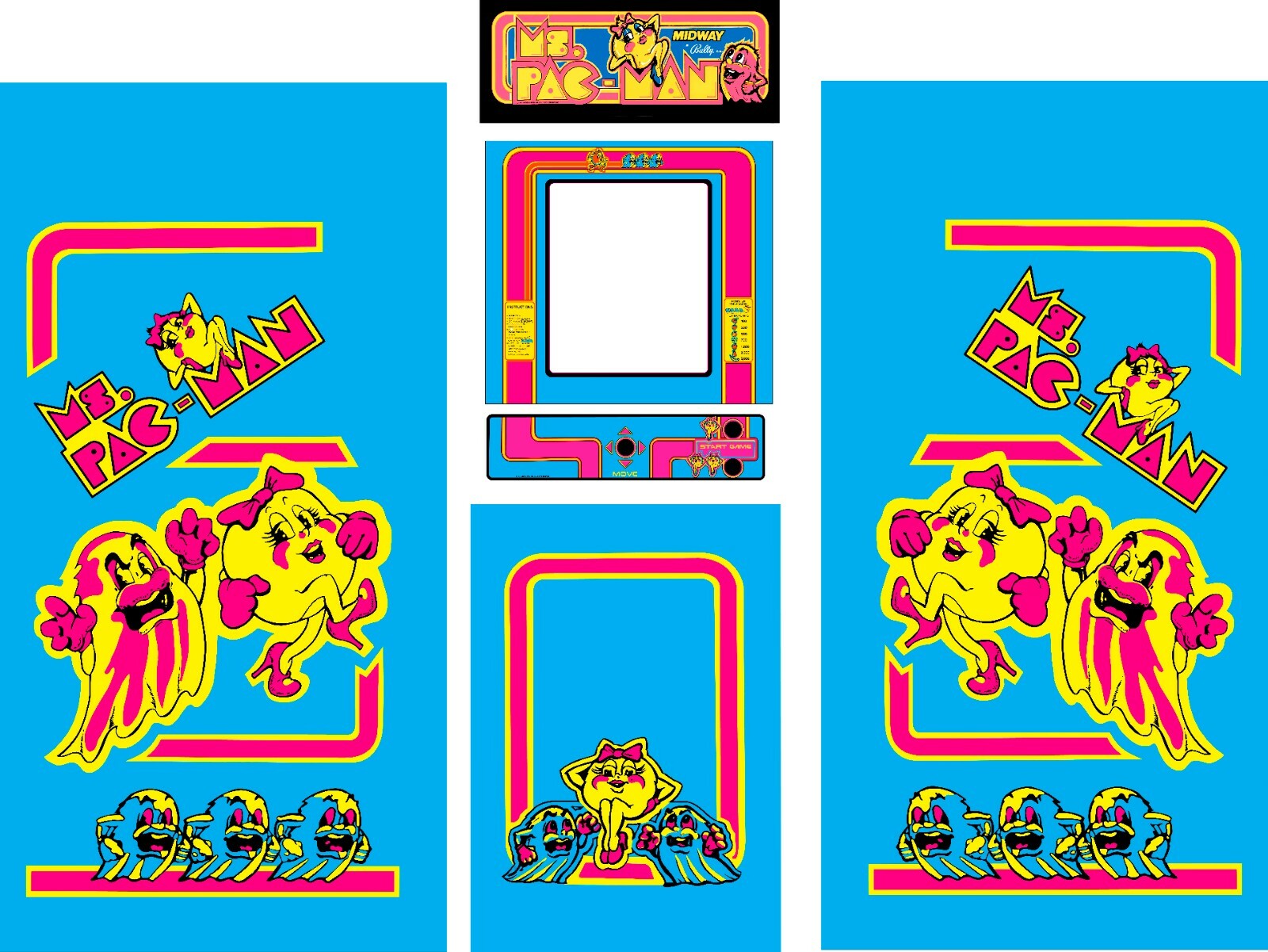 Fits Ms Pac Man Arcade 6 Pc Set Side Art Kickplate 2 Yr Warranty
