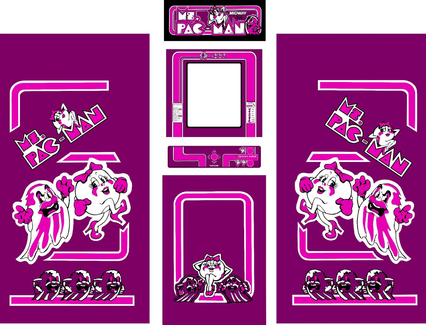 Ms Pac Man Arcade 6 Pc Set Side Art Kickplate Custom Purple Graphics