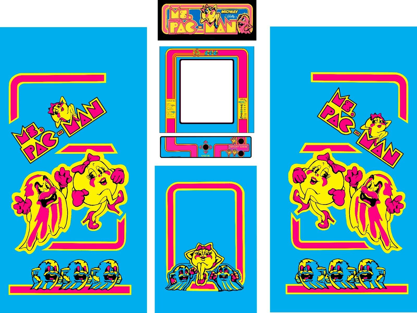 Fits Ms Pac Man Arcade 6 Pc Set Side Art Kickplate Choose Classic Blue Or Black