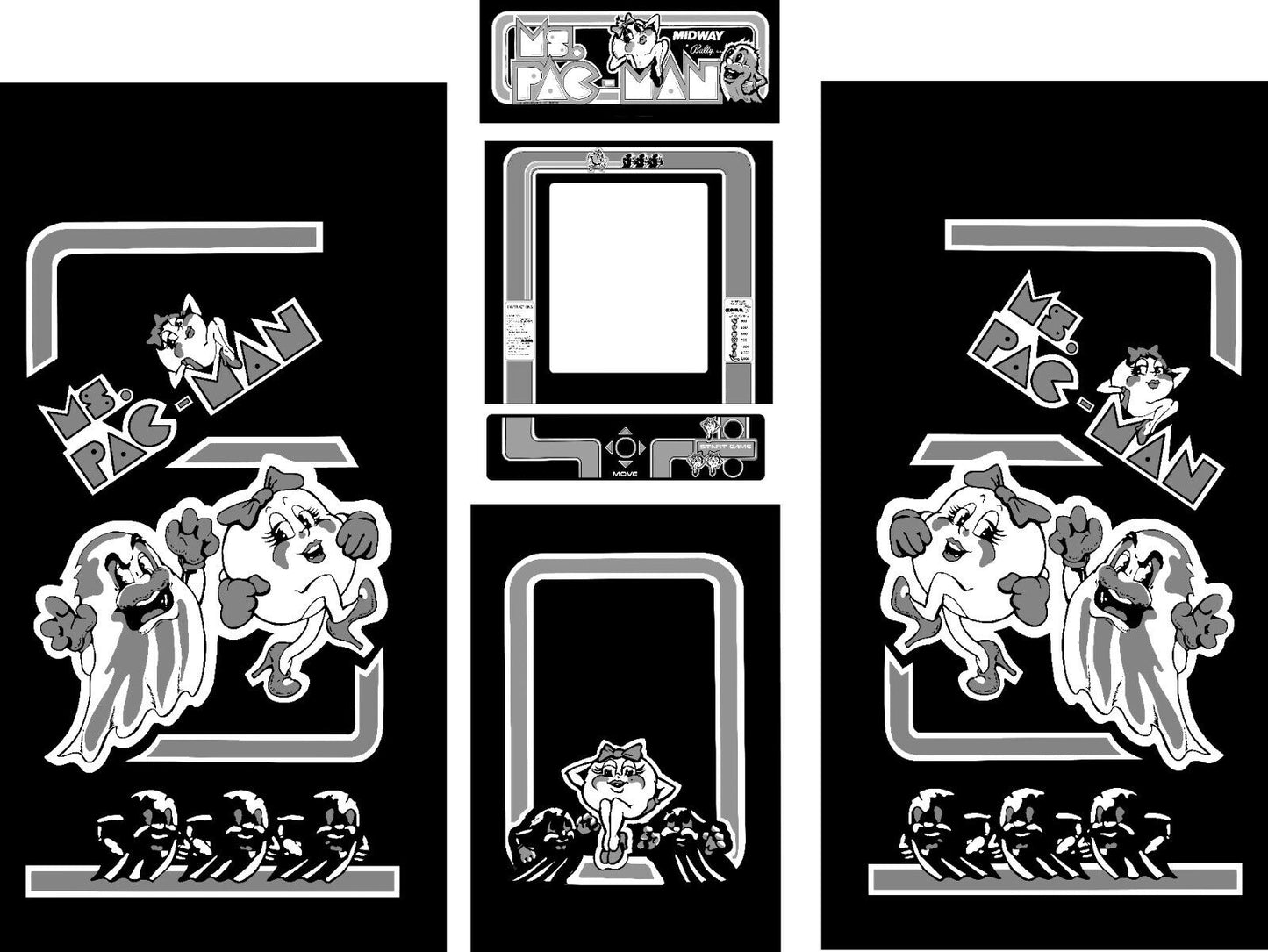 Fits Ms Pac Man Arcade 6 Pc Set Side Art Cpo Marquee In Custom Black and White